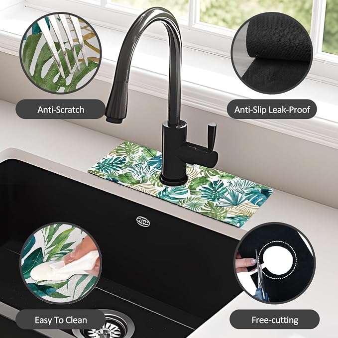 2PCS 15" X 5.5" Kitchen Sink Splash Guard Faucet Mat Leaf Super Absorbent Fast - Image 6