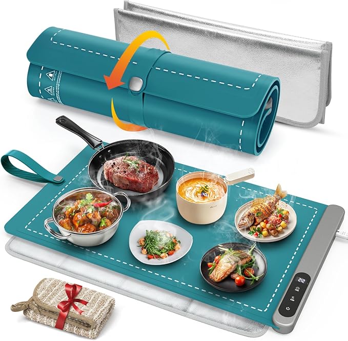 FYY Warming Mat for Food with Heat Resistant Pad, Prevent Countertop Cracks, Keep Meal Warm, Rapid and Full Surface Heating, 6 Temp Settings, 6H Timer, Rollable Portable Food Warmer Mat Dark Green