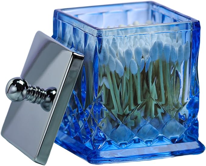 15Oz Blue Q-Tip Holder, Square Thick Glass & Metal Lid by ZIVQEXMURL