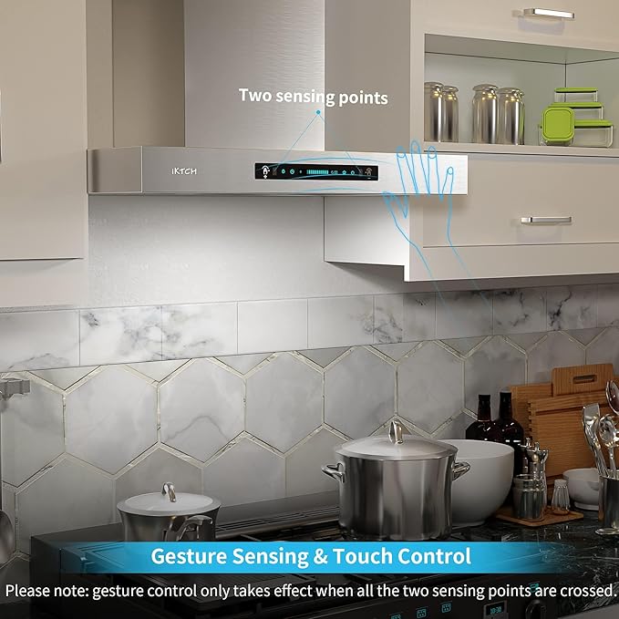 IKTCH 30-Inch Wall Mount Range Hood, 900 CFM Ducted Vent Hood with 4-Speed Fan, Gesture Sensing & Touch Control, Stainless Steel Kitchen Chimney Vent with Adjustable LED Lights