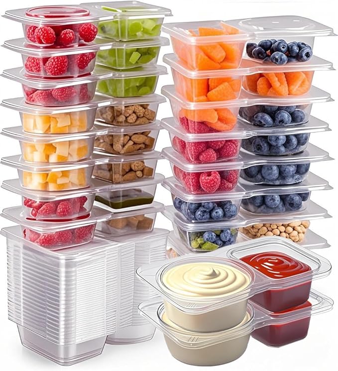 20 Pack Reusable Snack Containers with Lids, Double Compartment Snack Containers for kids & Adults -2 Compartment Condiment Containers, Dishwasher & Microwave Safe, for Portion Control, Meal Prep