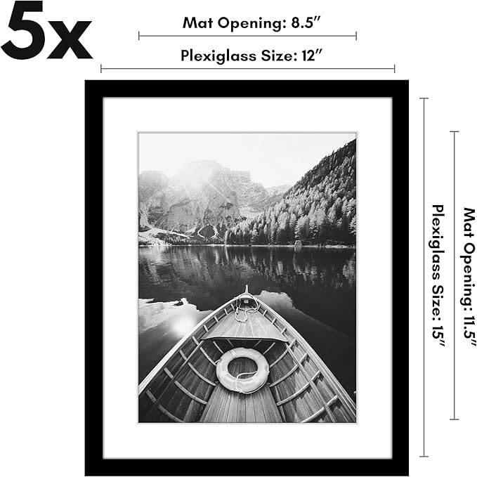 Americanflat 12x15 Picture Frame with Polished Plexiglass - Set of 5 - Use as 9x12 Frame with Mat or Display 12x15 Photo Without Mat - Galleria Collection - Picture Frames for Wall Display - Black