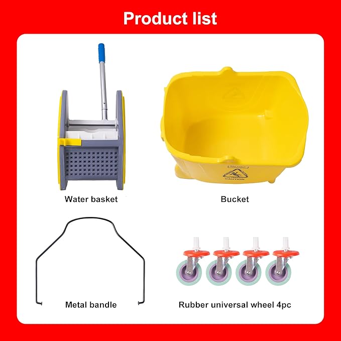 MATTHEW CLEANING 34Quarts Commercial Mop Bucket INCL.Wet String Mop with Down Press Wringer On Wheels,Industrial Heavy-Duty Floor Cleaning w/Handle, Mop Bucket for Home,Offices,Commercial, Restaurants