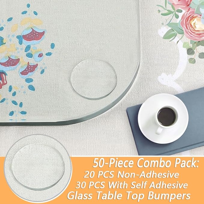 Extremely Soft Glass Table Top Bumper Combo (20 PCS Non-Adhesive & 30 PCS Self-Adhesive), Anti Slide and Scratch for Glass Table, Clear Rubber Pads for Glass Table Top Spacer (Round & Square, 50 PCS)