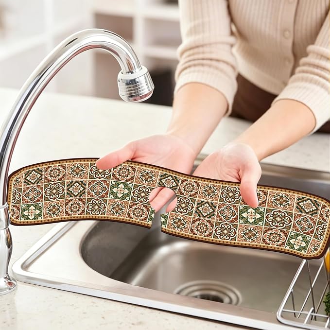 2 Pcs Kitchen Sink Splash Guard Faucet Mat Brown Vintage Pattern Faucet Mat - Image 6