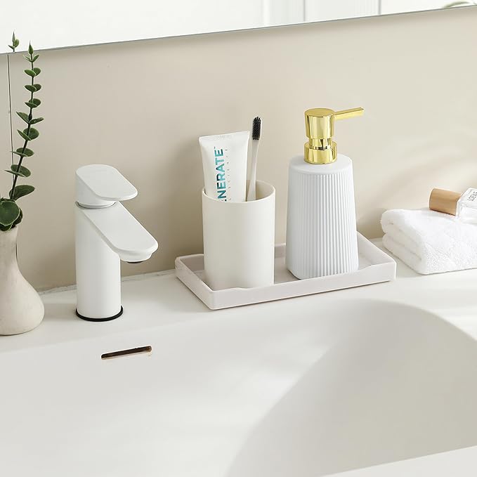 YAUKPH Small Soap Dispenser for Bathroom and Kitchen Matte White and Gold | - Image 2