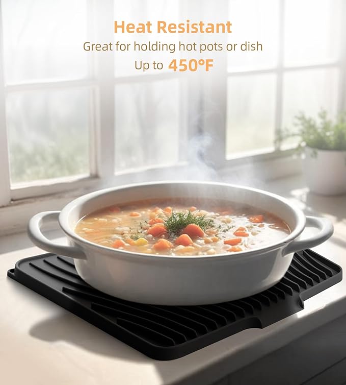 Fuyit Silicone Dish Drying Mat with Raised Drain Lip, Inclined Design, 16" x 13" Heat Resistant Non-Slip Mat for Kitchen Counter or Sink (Black）