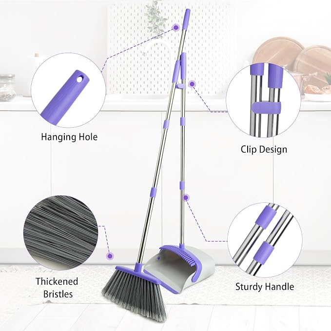 Broom and Dustpan Set with 51" Adjustable Long Handle-Gray Purple | Long Handle - Image 3