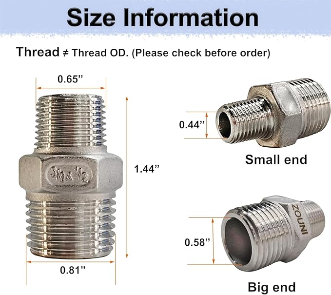 1/2" x 3/8" Reducing Hex Nipple, 304 Stainless Steel NPT Male Pipe Fitting Reducer Nipple Adapter 2000psi Reducer Connector Suit for 0.71" and 0.57" Pipe ID (1/2"x 3/8"MNPT)