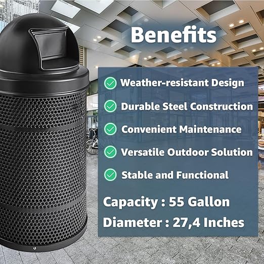 55 Gallon Perforated Trash Can with Plastic Dome Lid, Steel Outdoor Heavy-Duty Commercial Waste Bin, Round Recycle Container, Durable Garbage Can for Parks, Municipalities, Schools, Parking