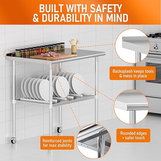 Stainless Steel Prep Table 30" X 36" with Adjustable Undershelf, Backsplash and Wheels, Commercial Metal Workstations for Kitchen, Garage, Outdoor BBQ