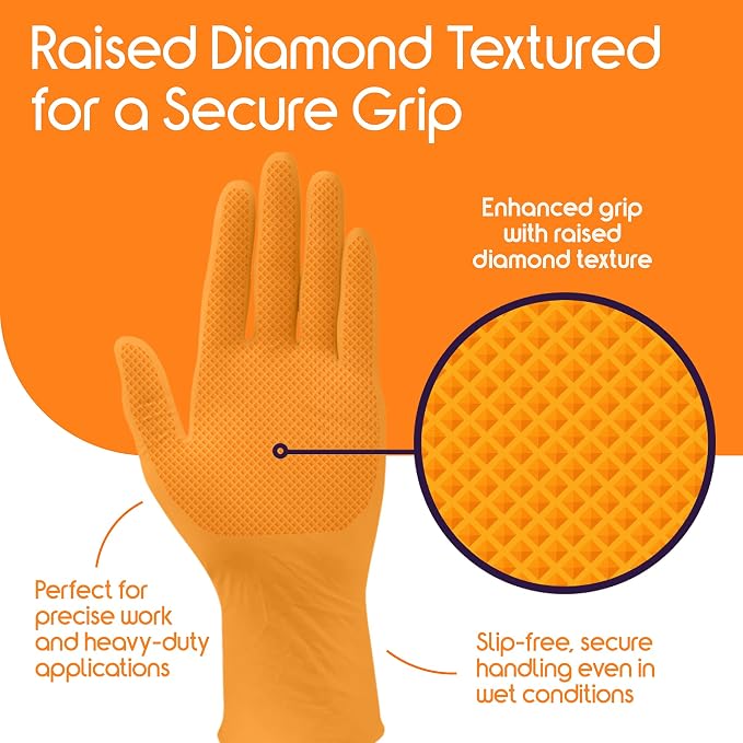 Inspire Heavy Duty Orange Nitrile Gloves | ULTRA 8 Mil Diamond Textured Grip | - Image 4