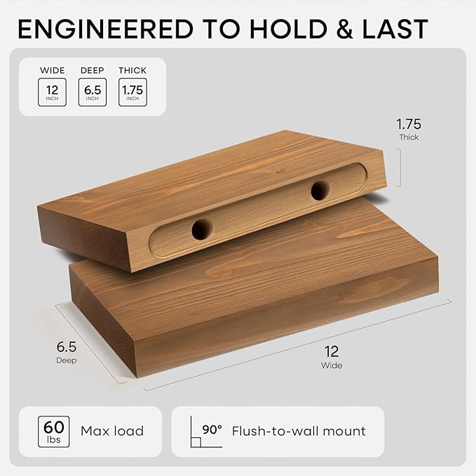 Homeforia 12 inch Golden Oak Floating Shelf, High End Solid Real Wood 12inch Small Floating Shelves for Wall Mounted, Oak Wooden 12in Floating Shelves, Heavy Duty Bracket, 12 X 6.5 X 1.75 in, Set of 2
