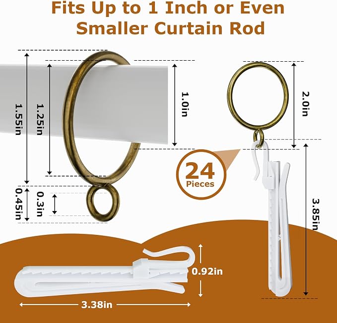 1.25 Inch Curtain Rings with Hooks, 24 Pack Bronze Metal Drapery Rings with - Image 2