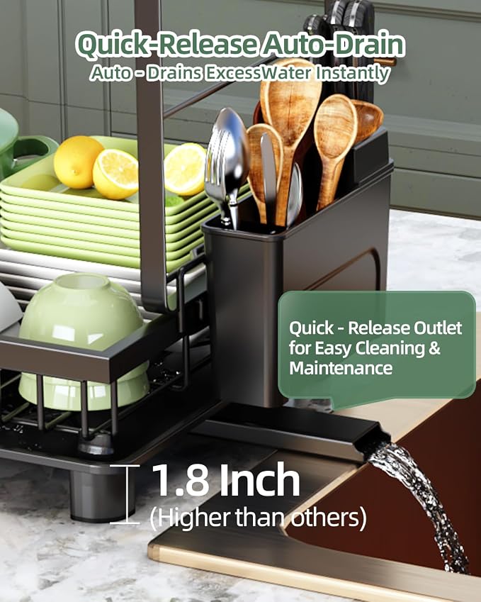 2-Tier Dish Drying Rack for Kitchen Counter, Space-Saving, Auto Drain Spout - Image 5