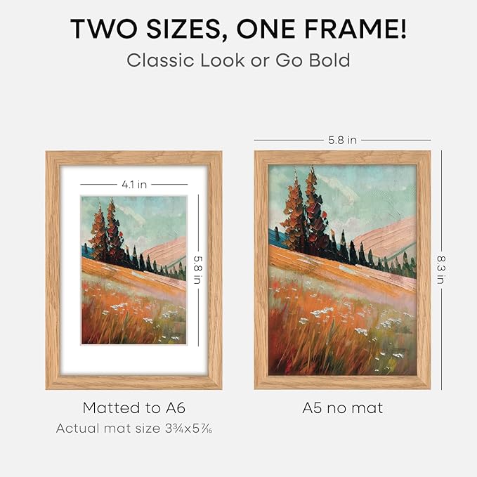Homeforia A5 Wood Picture Frame, High-End Natural Oak 5.8x8.3 Frame Matted to 4.1x5.8 inch Photo, A5 Size Wooden Frames with Mat A6 for Art, 5.8 x 8.3 Poster Frames, Tempered Glass, Wall Kit, Set of 3
