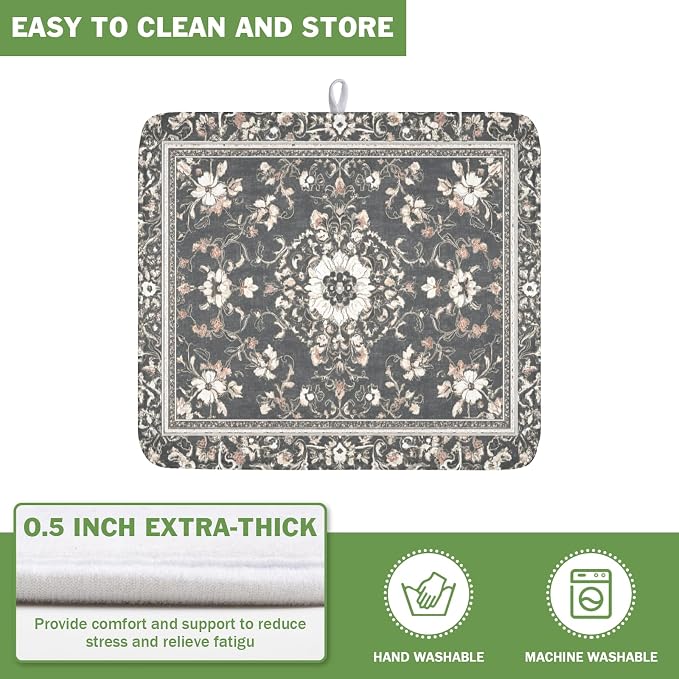 Giwawa Boho Floral Dish Drying Mat Grey Leaves Dishes Drainer Pad 16x18 Inch - Image 5