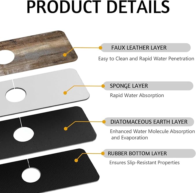 MCALK Dark Brown Kitchen Sink Faucet Mat Splash Guard, Absorbent Quick-Dry - Image 3