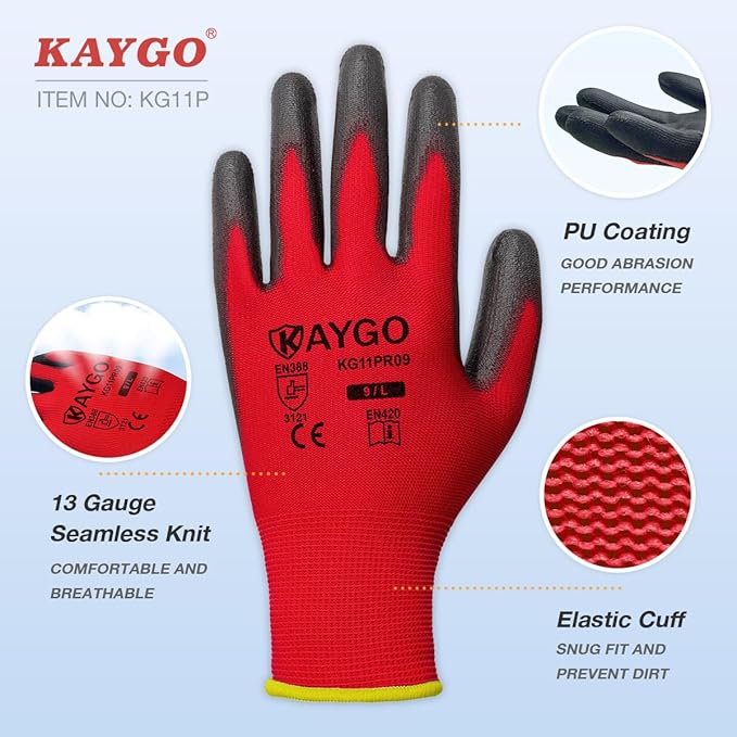 KAYGO Safety Work Gloves PU Coated for Men and Women, 12 Pairs KG11P Seamless Knit Glove with Polyurethane Coated Smooth Grip on Palm and Fingers, Ideal for General Duty Work (XL, Red)
