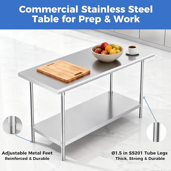 OSTBA Stainless Steel Table for Prep & Work 24x30 Inches, NSF Metal Commercial Heavy Duty Table with Adjustable Undershelf and Adjustable Foot for Restaurant Kitchen Home and Hotel