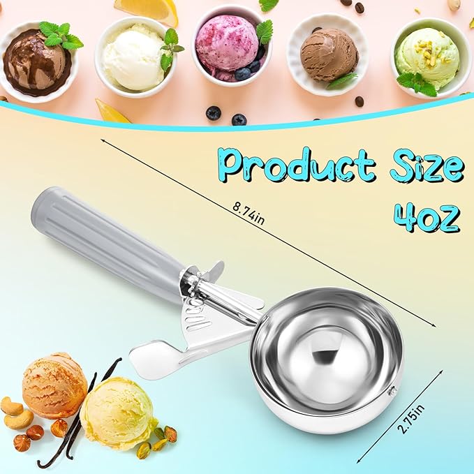 8 Pcs Release Cookie Scoops Ice Cream Scooper with Trigger Release Portion Scoop Stainless Steel for Portion Control, Baking Food, Cookie Dough (4 oz,Gray)