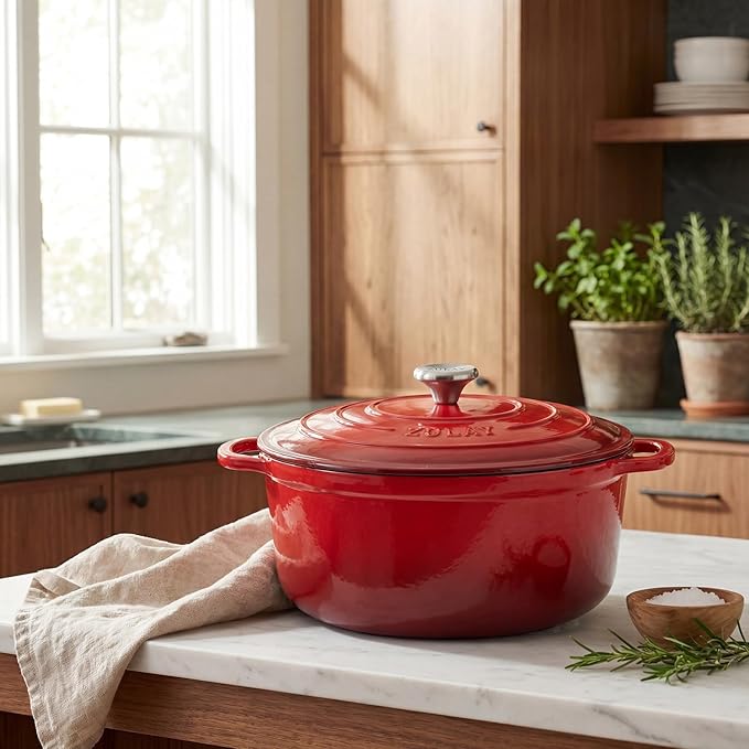 Zulay Kitchen 5 Quart Enameled Cast Iron Dutch Oven Pot with Lid – Premium Durability & Oven Safe up to 500°F – Heavy Duty Cookware Perfect for Bread Baking, Stews, Braising & Roasting – Red