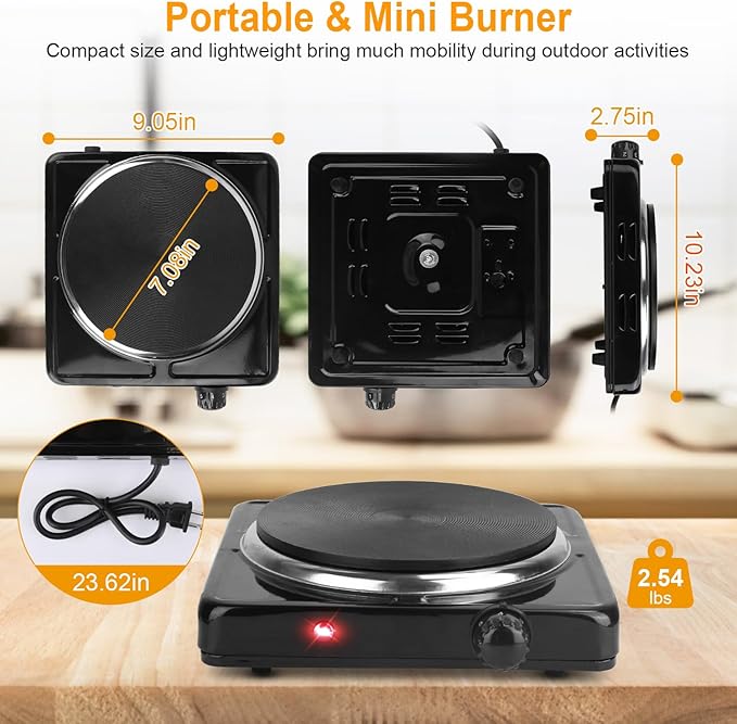 Portable Hot Plate, 1500W Cast Iron Single Countertop Burner, Electric Stove with 5 Levels Adjustable Temperature, Cooktop for Home RV Camping, Easy to Clean, White
