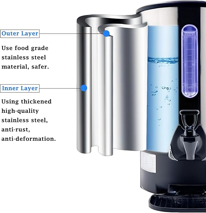 Commercial Electric Kettle Warmer Stainless Steel Hot Water Dispenser Hot Water Boiler And Warmer with Faucet Quick-Temp or Boil for Tea Coffee 1500W 9.7 Liter Capacity