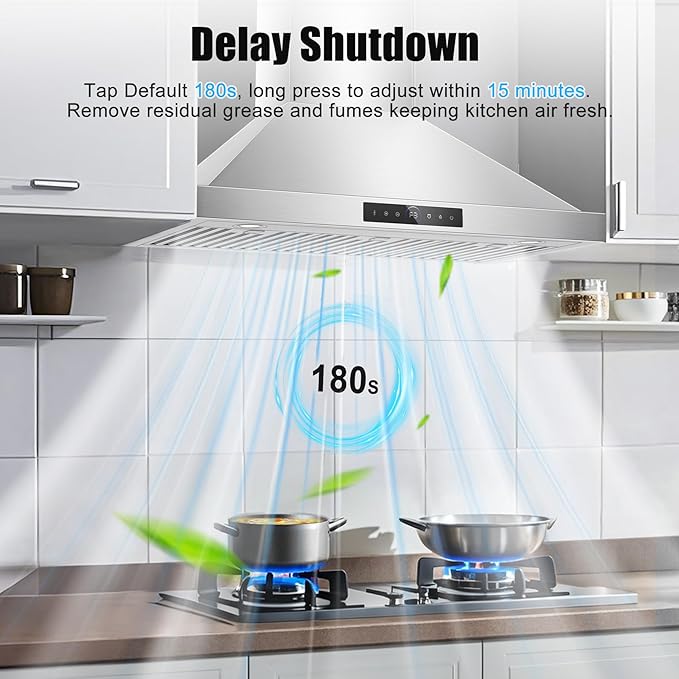 36 inch Range Hood Wall Mount, 1200 CFM with 4-Speed Gesture Sensing & Touch Control, Stainless Steel Ducted Kitchen Stove Vent Hoods with 2 LED Lights, Time Setting, Dishwasher-Safe Baffle Filters