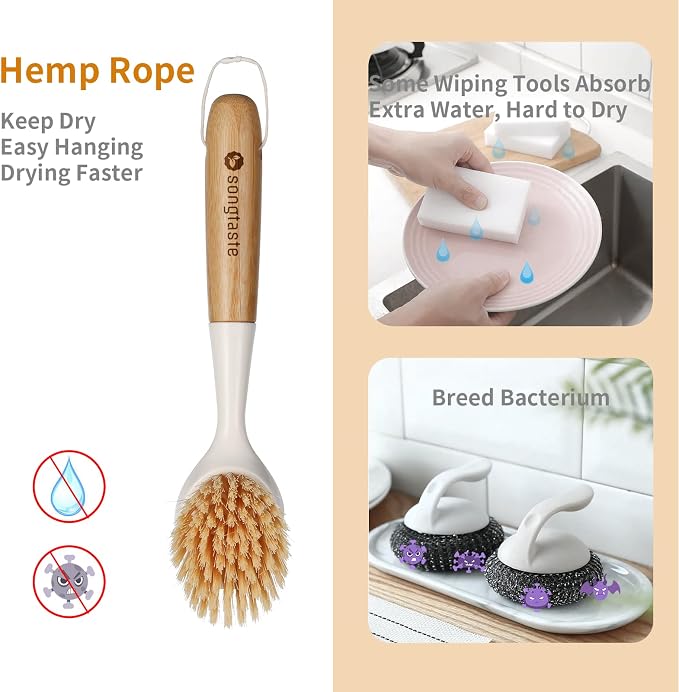 2 Pack Kitchen Dish Brush Bamboo Handle Dish Scrubber Built-in Scraper | Scrub - Image 2