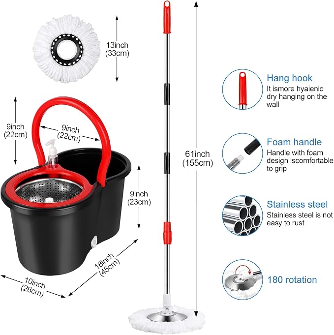 Spin Mop and Bucket with Wringer Set, 3 Microfiber Mop Heads - Image 2