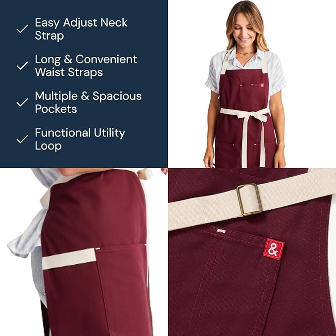 hedley & bennett Essential Apron - Lightweight Cotton Canvas Kitchen Apron with Pockets & Towel Loop - Professional Chef Workwear for Baking & Cooking - House Red