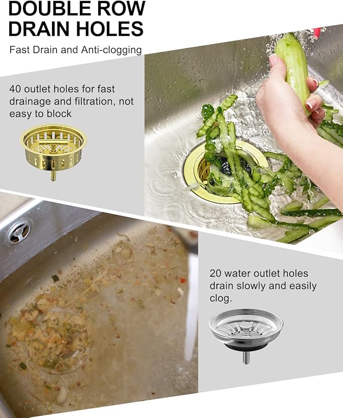 BOTEMY B9171 Gold Kitchen Sink Drain Kit 3 1/2 Sink Strainer for Kitchen Sink with Stainless Steel Strainer Stopper Drain Assembly Basket Strainer Fit Standard Sink Drain Hole
