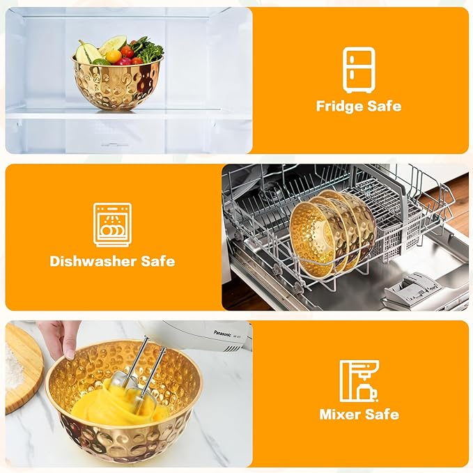 5-Piece Stainless Steel Mixing Bowls Set, Metal Hammered Gold Mixing Bowls for Kitchen, Cooking, Baking, Salad Prep, Food Storage, Reusable Nesting Design, 1.6-4.9 QT Capacity, Dishwasher Safe