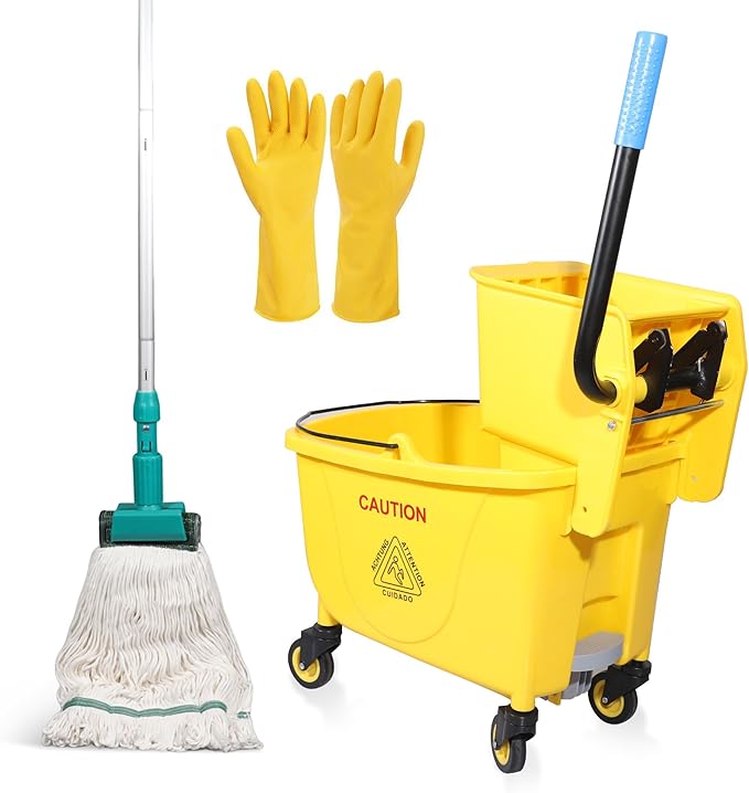 Press Wringer Combo Commercial Rectangular Mop Bucket on Wheels, 35-Quart, Yellow,Add One Commercial Mop and One Set Rubber Gloves