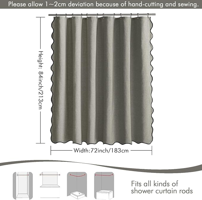 MIULEE 72"x84" Extra Long Scalloped Linen Shower Curtain Grey - Image 6