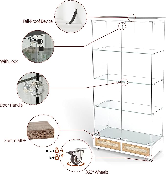 Yoluckea 4 Tier Glass Display Cabinet with LED Lighting and 2 Drawers, 2 Doors Floor Standing Curio Cabinet with Wheel for Home, Office, Corner Display, White Glass Bookshelf for Collections and Decor