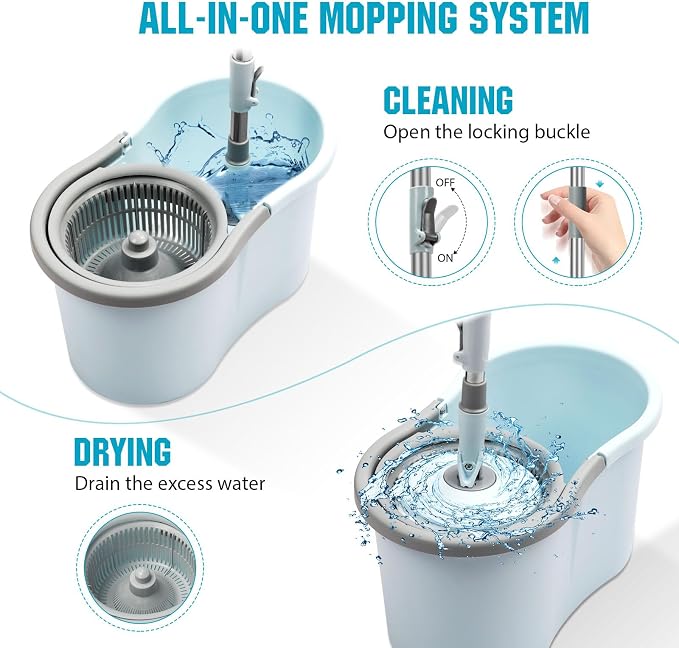 Spin Mop and Bucket with Wringer Set, 3 Microfiber Mop Heads - Image 4