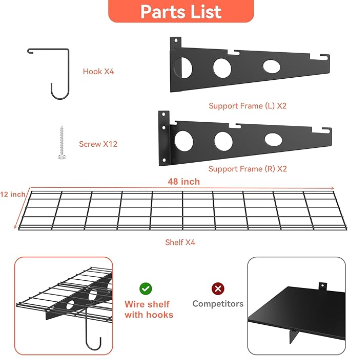 TORACK Garage 24 x 48 in/2 x 4 ft Wall Shelves, Heavy Duty Wall Mounted Wire Shelves for Garage Floating Shelf(Black, Pack of 2)