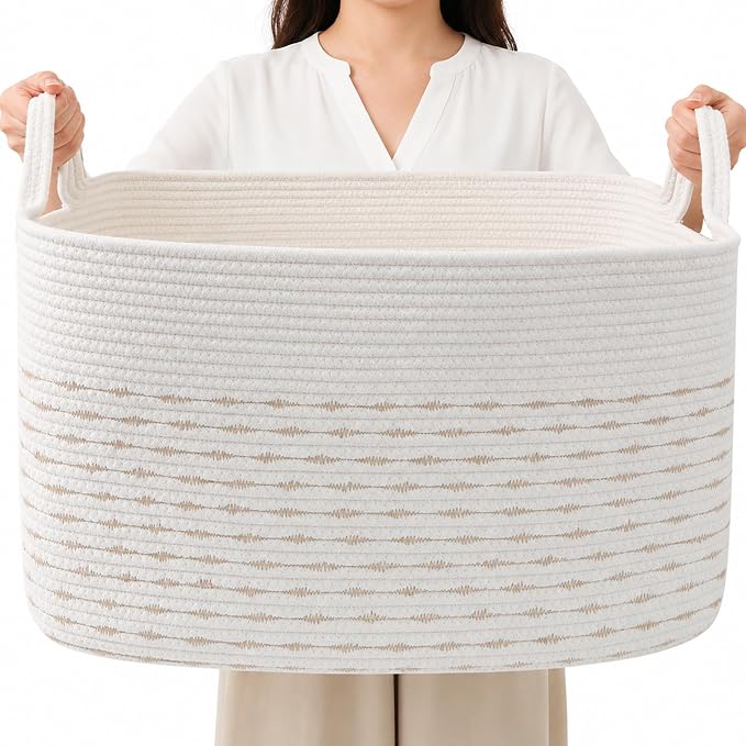 65L Large Laundry Basket with Handles, Woven Blanket Basket by HZFTJOY