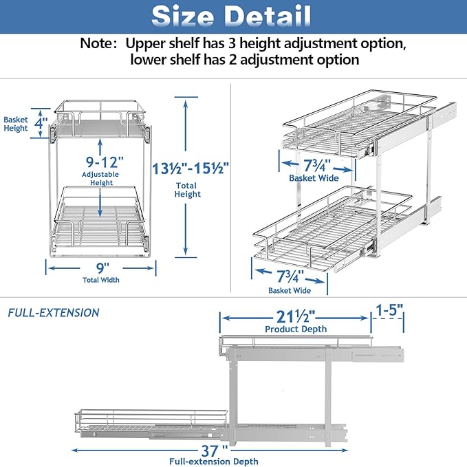 ROOMTEC Individual Pull Out Cabinet Organizer (9" W x 21½" D), 2 Tier Spice Rack Organizer for Cabinet, Slide Out Drawer Pantry Shelf Organization and Storage for Kitchen Bathroom