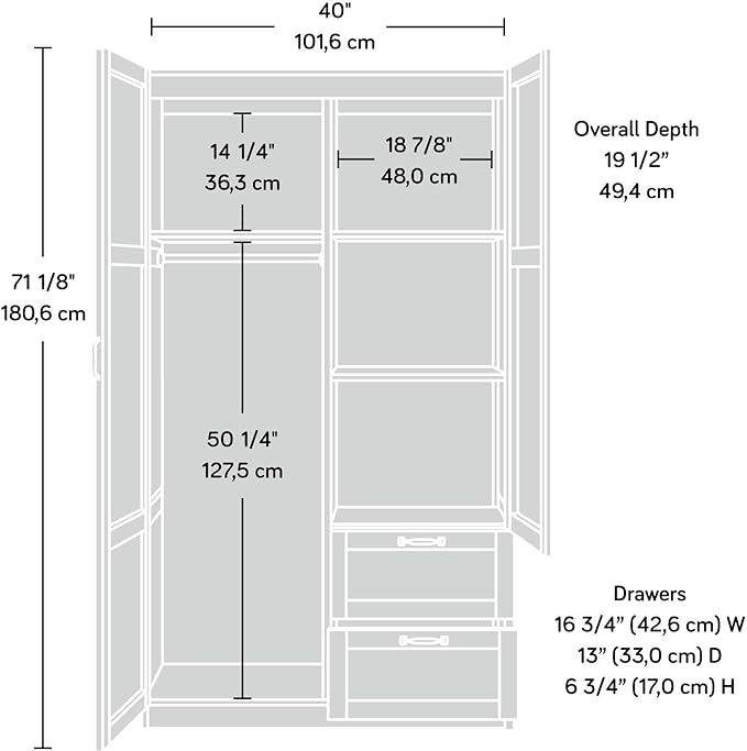 Sauder Select Multipurpose Bedroom Armoire Wardrobe Closet Pantry Storage Cabinet with Storage Drawers and Hanging Rail, in Soft White finish
