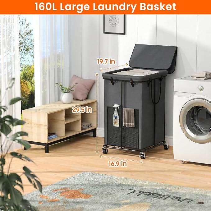 160L Laundry Hamper with Lid & Wheels, Rolling Laundry Basket with Bag - Image 2