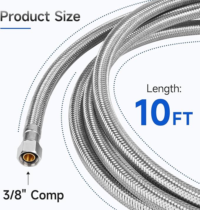 10 FT Dishwasher Installation Kit, Braided Stainless Steel Dishwasher Water Supply Line with 3/8" Compression Dishwasher Connectors, Burst-Resistant Inner Tube, Certified Safe
