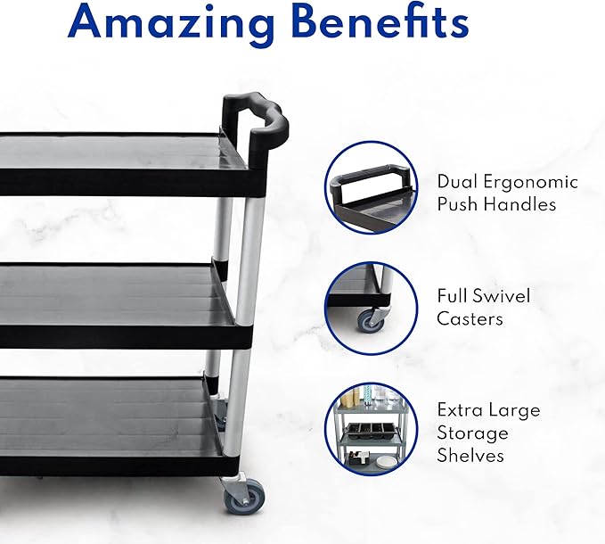 New Star Foodservice 54538 250-Pound Plastic 3-Tier Utility Bus Cart with Locking Casters, 32" x 16" x 38", Black