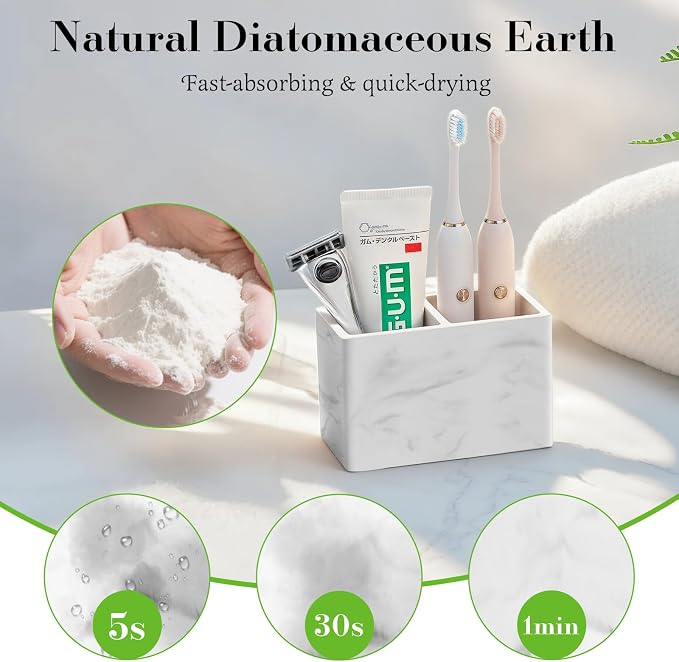 Luxspire Diatomite Toothbrush Holder, 2 Slots, Marble White | Fast Drying - Image 2