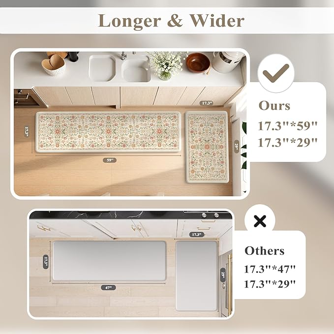KIMODE Cushioned Kitchen Floor Mats Cushioned Anti Fatigue,Farmhouse Boho Floral Kitchen Runner Rug 2 Piece,Long Memory Foam Standing Carpet for Laundry Sink Office,Beige