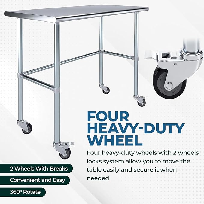 Stainless Steel Work Table Open Base & Wheels | Work Station | Metal Work Bench (Stainless Steel Work Table Open Base + Casters) (15" Long x 30" Deep)