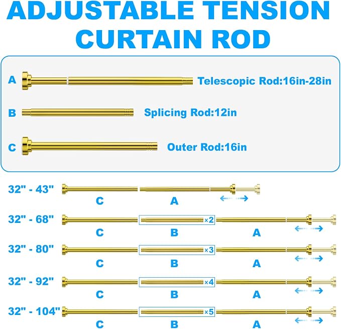 TEECK Shower Curtain Rod, 32-92 inch Adjustable Spring Tension Curtain Rod - Image 7