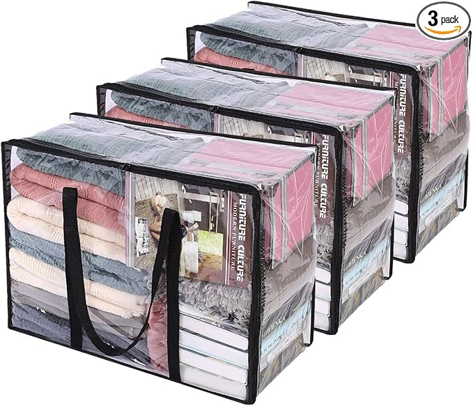 3 Pack Clear Storage Bags for Clothes Blanket Comforter & Bedding | 40L Plastic by Vieshful